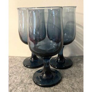 3 Smokey  Blue Tulip Shaped Wine / Goblets Possibly Libbey  5.25' Tall  # 2080